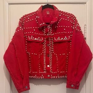 Red Denim Jacket with Stud Embellishments